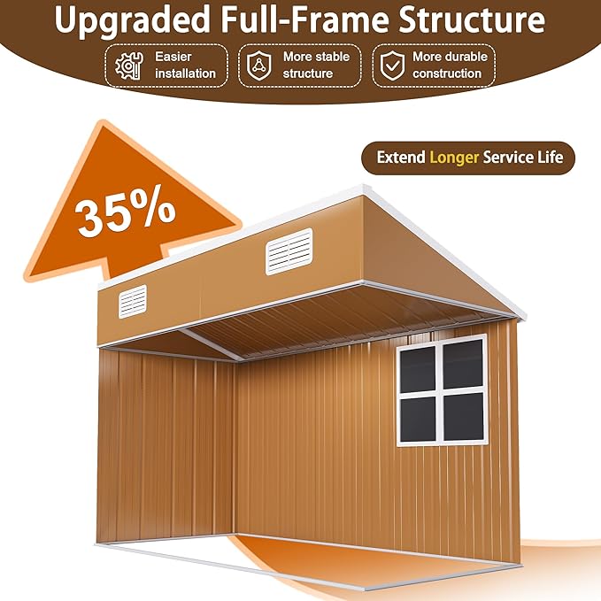 YOPTO 8x4 FT Sheds & Outdoor Storage,Heavy-Duty Metal Steel Shed with Windows and Weatherproof Sloped Roof,Waterproof Tool Sheds w/Lockable Door & Ventilation,for Garden,Lawn,Brown