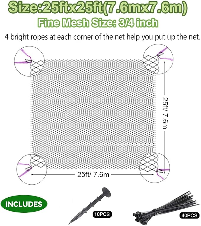 OGORI 25' x 25' Bird Netting Heavy Duty Nylon 3/4" Mesh Garden Netting Protect Fruit Trees, Plants and Vegetables