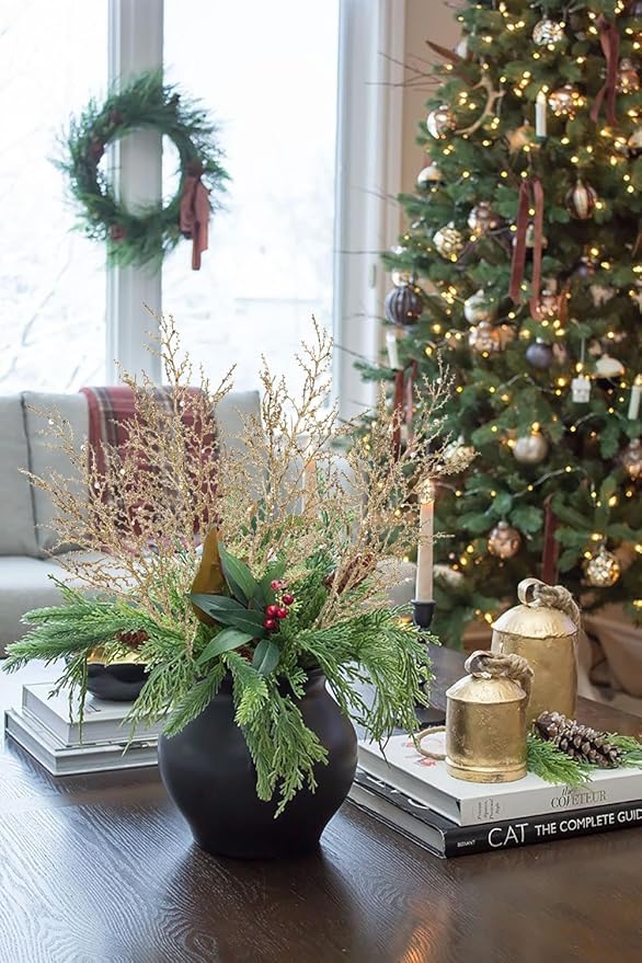 30.7" Christmas Glitter Stems, 5Pcs Champagne Gold Artificial Spray Leaf Picks Tall Branches for Christmas Tree DIY Xmas Wreath Garland Arrangment Vase Bouquets Table Centerpieces Decoration