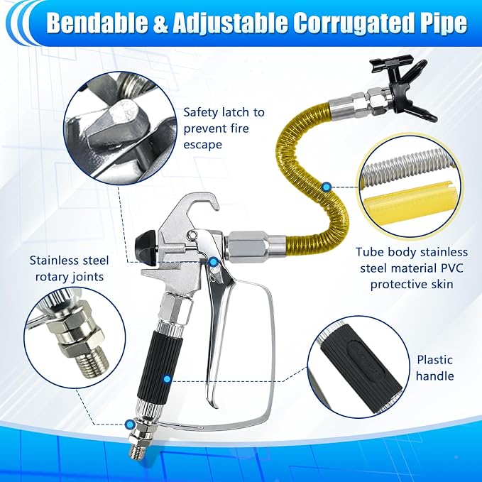 Airless Paint Sprayer Gun Kit 3600PSI Airless Spray Gun with 25Ft High Pressure Hose 3Pcs Reversible Spray Tips 2Pcs Extension Rod 5Pcs Airless Spray Gun Filter, Nozzle Holder and Corrugated Pipe