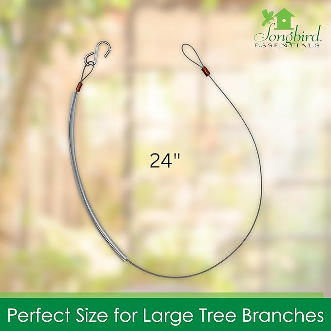 Songbird Essentials Hanging Cable Tree Limb Protector with S Hook - Steel Cable with Silicone Sleeve - Protects Tree Limbs from Heavy Bird Feeders and Decorations - 24 Inch Cable
