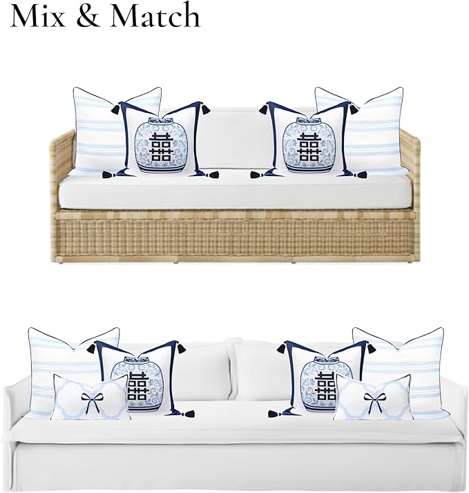 Hofdeco Premium Coastal Hampton Patio Indoor Outdoor Throw Pillow Cover Only, 20"x20" Water Repellent for Backyard, Couch, Poolside, Navy Blue Embroidered Happiness Chinoiserie Vase