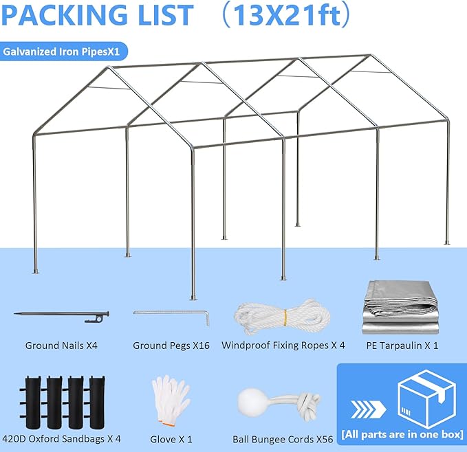 Jocoevol Carport 13x21 FT Enclosed Carport with Roll-up Windows, Portable Garage with Removable Sidewalls & Doors, Car Canopy Tent with Sandbags All-Season Tarp for Car Boat Truck Motorcycle