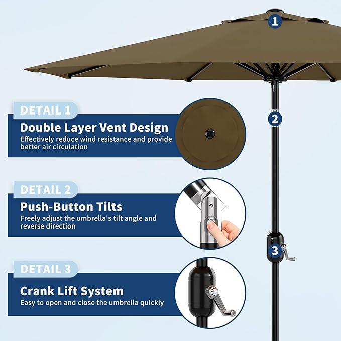 Garvee 9 ft Patio Umbrella - 8 Sturdy Ribs Outdoor Table Umbrella with Crank Lift & Push Button Tilt - Market Umbrella for Pool, Deck, Yard, Garden - Taupe
