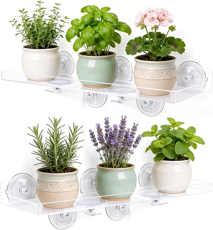 Window Plant Shelves, 2Pcs Acrylic Floating Shelf with Strong Suction Cup and Bracket, Window Sill Extender Plant Holder