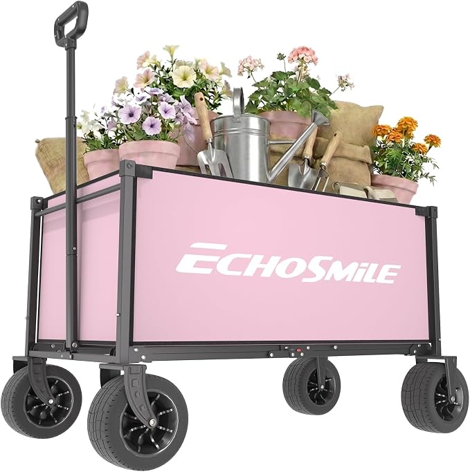 EchoSmile Collapsible Wagon Cart for Camping & Beach - Heavy Duty 400lbs Capacity All-Terrain Cart with Wide Wheels, Portable Folding Utility Wagon for Grocery, Garden, Sports,Pink&Gray