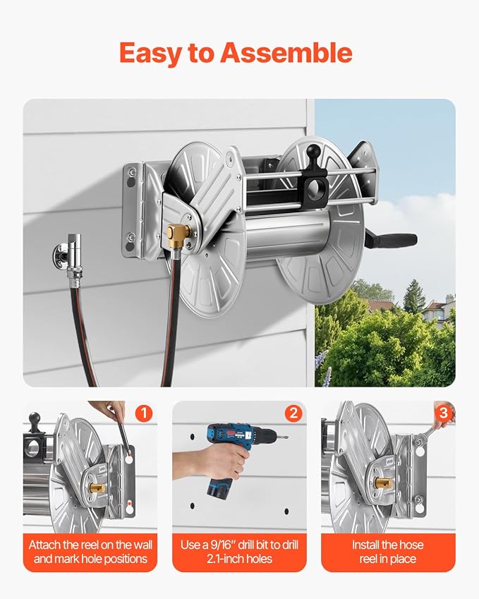 VEVOR Wall Mounted Garden Hose Reel, Holds 150 ft 5/8-inch Water Hose Winder, Heavy-Duty Stainless Steel, Outdoor Manual Reel with Brass Fitting & Hose Guide, Space Saving, for Yard Lawn Garage