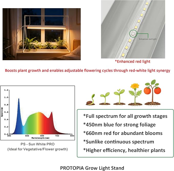10W Grow Light Stand Kit for Indoor Plants, 2ft Plant Grow Rack with Full Spectrum, Enhanced Red Light for Flowering, Height Adjustable Iron Bracket, on and Off Switch