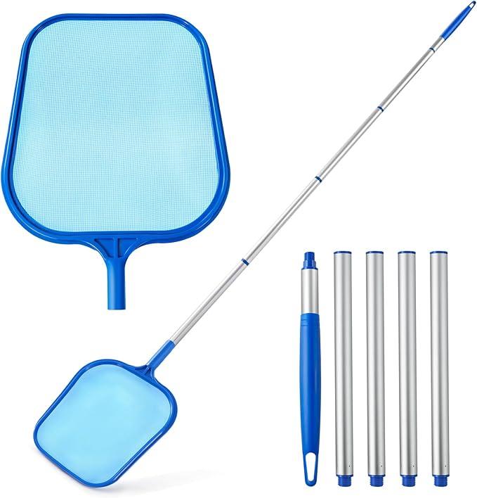 Pool Skimmer - Pool Skimmer Net with 5 Section Adjustable Telescopic Aluminum Pole, 25''- 64'', Pool Net Skimmer Rake with Ultra Fine Mesh , Pool Leaf Skimmer for Swimming Pools, Spas, Hot Tubs