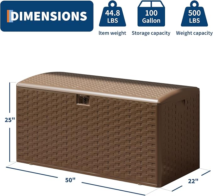 IDEALHOUSE 100 Gallon Resin Deck Box, Waterproof Outdoor Storage Box with Lockable Lid & UV Resistant, Patio Furniture Cushion Storage Container for Garden, Backyard, Poolside (Brown)