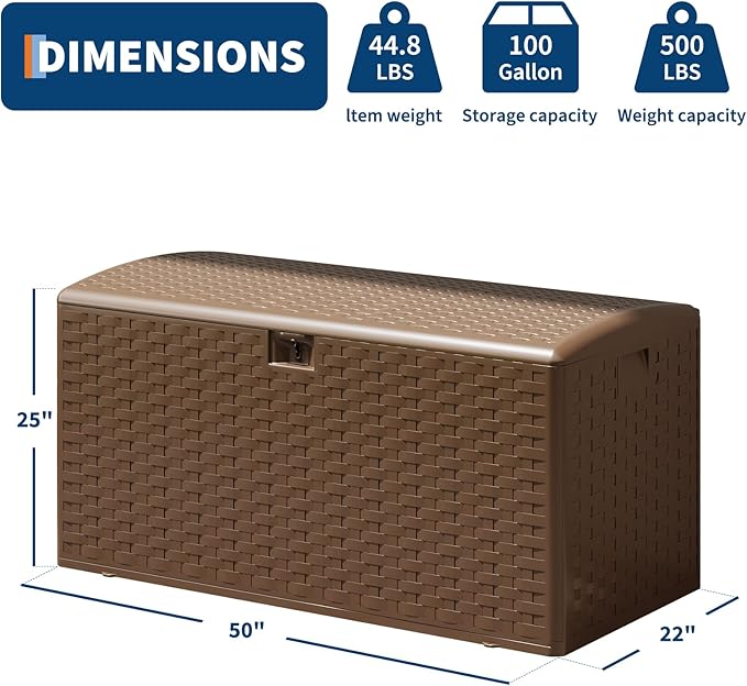 GarveeLife 100 Gallon Outdoor Storage Box, Large Resin Deck Box with Hydraulic Air Rod, Weatherproof & Lockable Outdoor Storage Bin for Patio Cushions, Garden Tools, Pool Supplies, Porch, Brown