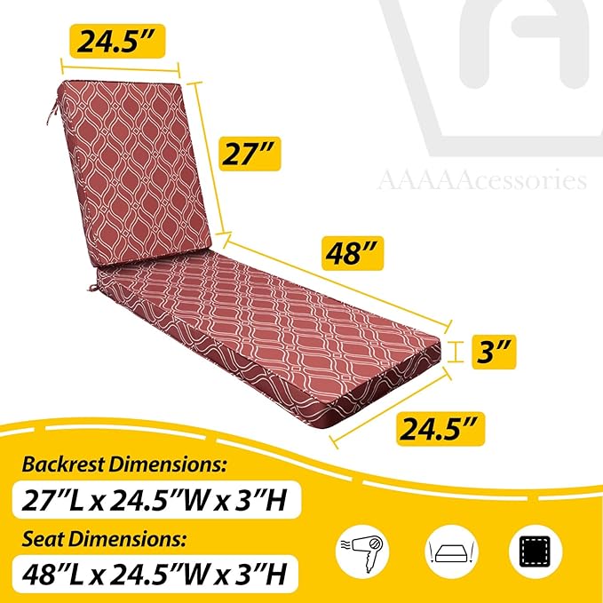 AAAAAcessories Outdoor Chaise Lounge Cushions, Fade-Resistant, Waterproof Patio Furniture Replacement Cushions, 75" x 24.5" x 3", Set of 2, Clay Red Vine Trellis