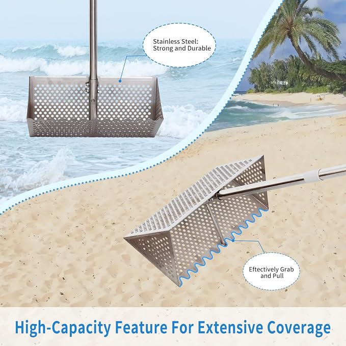 Sand Flea Rake, Detachable Long Handle Sand Sifter for The Beach, The Shark Tooth Screen Comes with a 16in Wide Drain Screen
