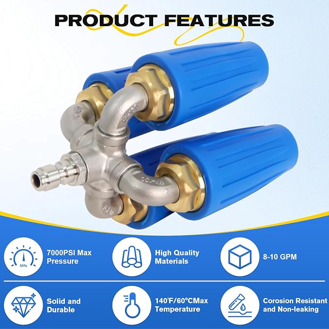 4-in-1 Turbo Nozzle for Pressure Washer, 360° Rotating Power Washer Nozzle Tip, 304 Stainless Steel & Brass, 5000 PSI Best Performance / 7000 PSI Max, 5–10 GPM, 1/4" Quick Connect