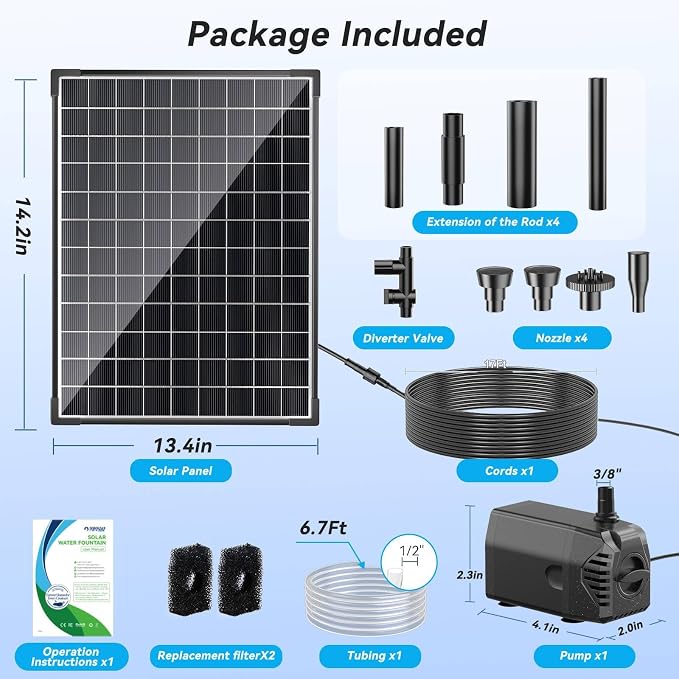 POPOSOAP 25W Solar Water Fountain Pump, Solar Water Pump with Flow Adjustable, Pond Pump with Water Shortage Protection & Diverter Valve & 16.5FT Cord for Ponds, Garden, Waterfall, Hydroponics-P125H