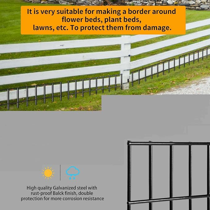 Adavin Small or Medium Animal Barrier Fence 10 Pack 24 in(L) X 15 in(H) Underground Decorative Garden Fencing, Dog Rabbits Fences Black Metal Fence Panel Ground Stakes for Outdoor Patio. Total 20 Ft