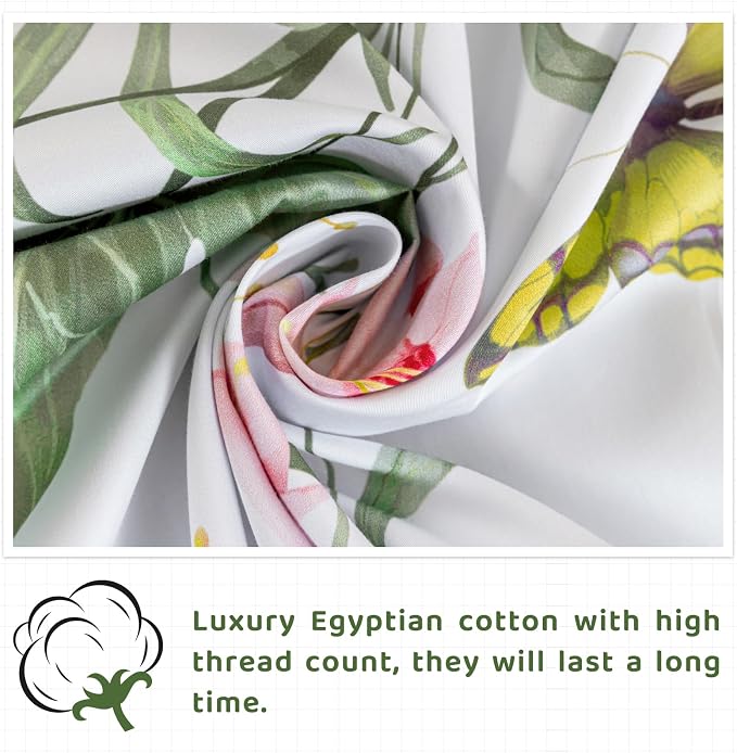 QSH Butterfly Bed Sheets Set Queen Size 100% Egyptian Cotton Sheet Wild Flower Leaves Printed Pattern Bedding Sheets Spring Floral Bedsheets Deep Pockets 4PCs