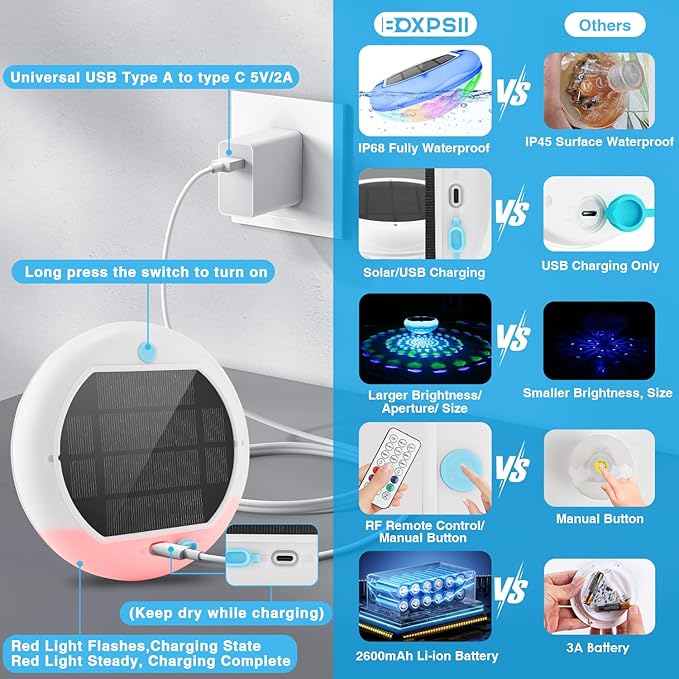 Solar Pool Lights(1 PCS), 2600mAh USB Rechargeable Floating Pool Lights, 6.7" IP68 Waterproof Solar Floating Light with Remote, RGB 13 Colors Upper and Lower Glow Hangable Light for Path, Hot Tubs