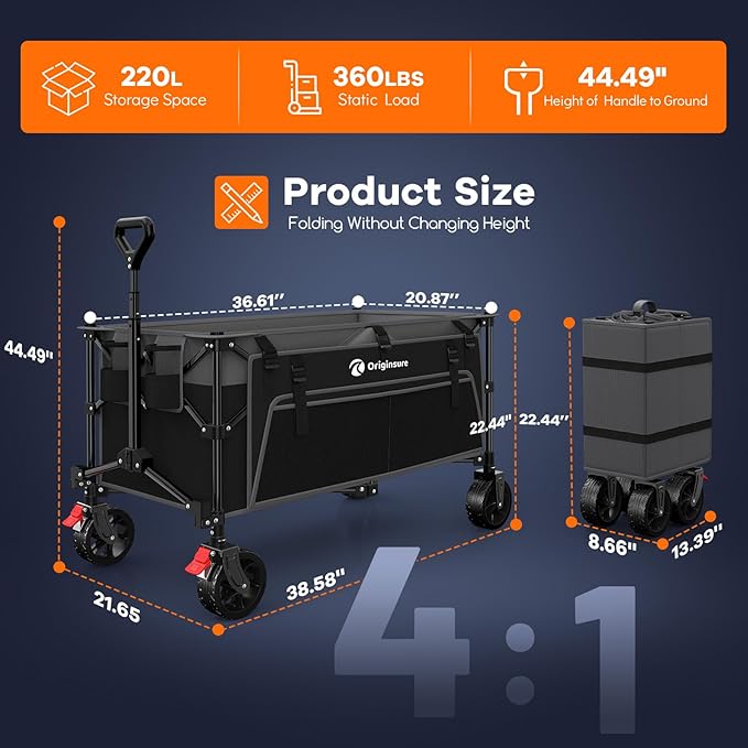 Originsure 220L Collapsible Wagon Cart Foldable, 38" L Extra Large Heavy Duty Folding Beach Wagons with All-Terrain Wheels, Utility Carts for Camping, Sports, Shopping, Groceries - Grey&Black