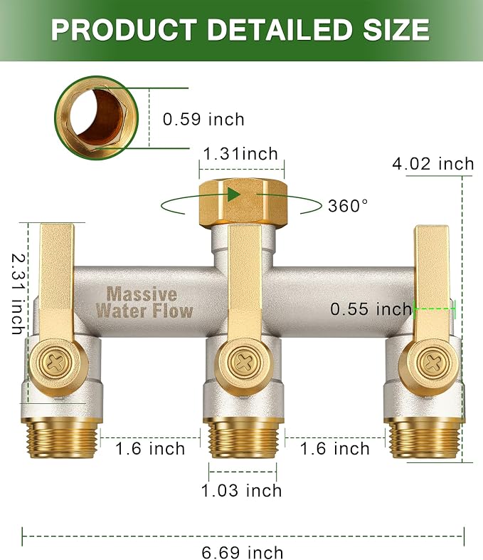 Garden Hose Splitter, 3 Way Hose Splitter Heavy Duty Full Flow Solid Brass Nickel Plated Spigot Splitter Valve with Metal Handle, Outdoor Faucet Splitter, 3/4 - Inch Frost Resistant Hose Adapter