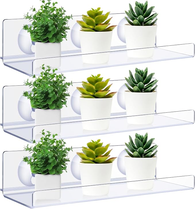 Reallnaive 3 Pack 12 Inch Window Suction Cup Shelf for Plants, Clear Acrylic Indoor Floating Shelves Plant Shelf Window Extender for Seed Starter Pots, Succulents, Herb Planters