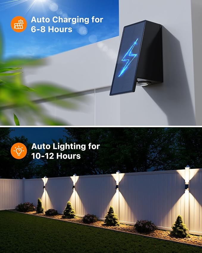 12 Pack Solar Powered Fence Lights Outdoor (Warm/Neutral/Cool White) Waterproof Up and Down Wall Mount LED Decorative Lamp for Outside Patio, House, Backyard, Porch, Deck, Garden with 3 Lighting Modes
