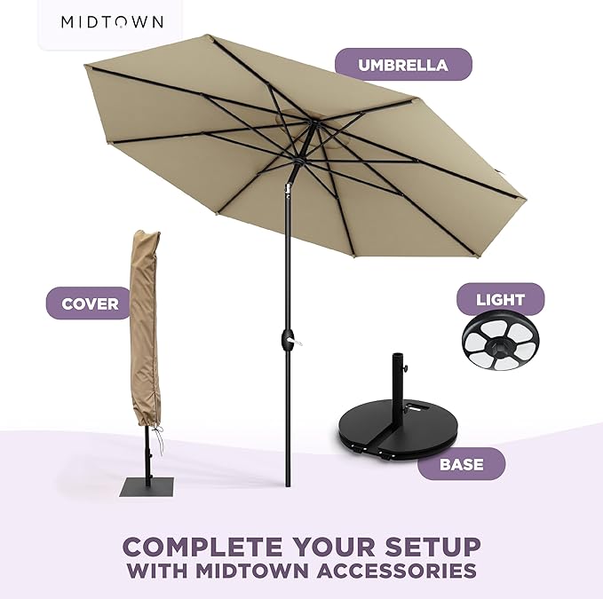 Midtown Umbrellas - 10-Year-No-Fade 8 Ft Patio Umbrella with Terylast Fabric, Auto-Tilt Aluminum Frame and 8 Reinforced Ribs for Deck, Pool, Garden & Beach - Chestnut Beige Canopy, Black Pole