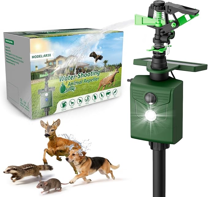 Animal Repellent Motion-Activated Water Sprinkler, Solar Powered Outdoor Animal Deterrent with Flashing Light, IP65 Waterproof for Deer, Cats, Dogs, Raccoons, Garden & Lawn Protection