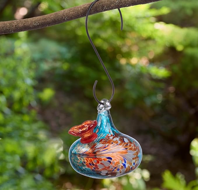 Red Carpet Studios Hummingbird Feeder Hand-Blown Art Glass, Hanging Birdfeeder with Red Flower Feeding Port, 5.5" Teardrop Blue