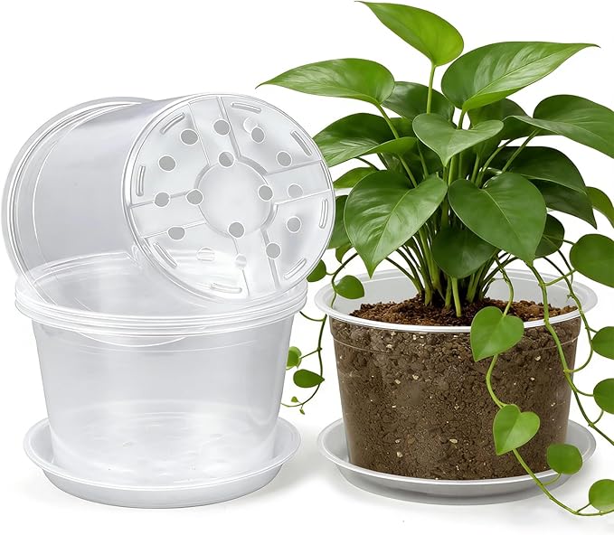 12 Inch Clear Nursery Pots with Drainage and Sacuers, 4 Pack Plastic Pots for Plants Indoor Outdoor, Large Clear Pots for Flowers, Succulents (12inx4pcs)