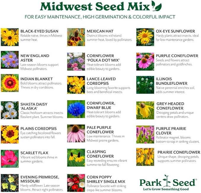 Park Seed Grow Your Own Vibrant Annual and Perennial Wildflower Garden Seeds Mixture, Easy to Grow Varieties for Pollinators and Spring Gardens - Midwest Regional Mix, 5 lbs