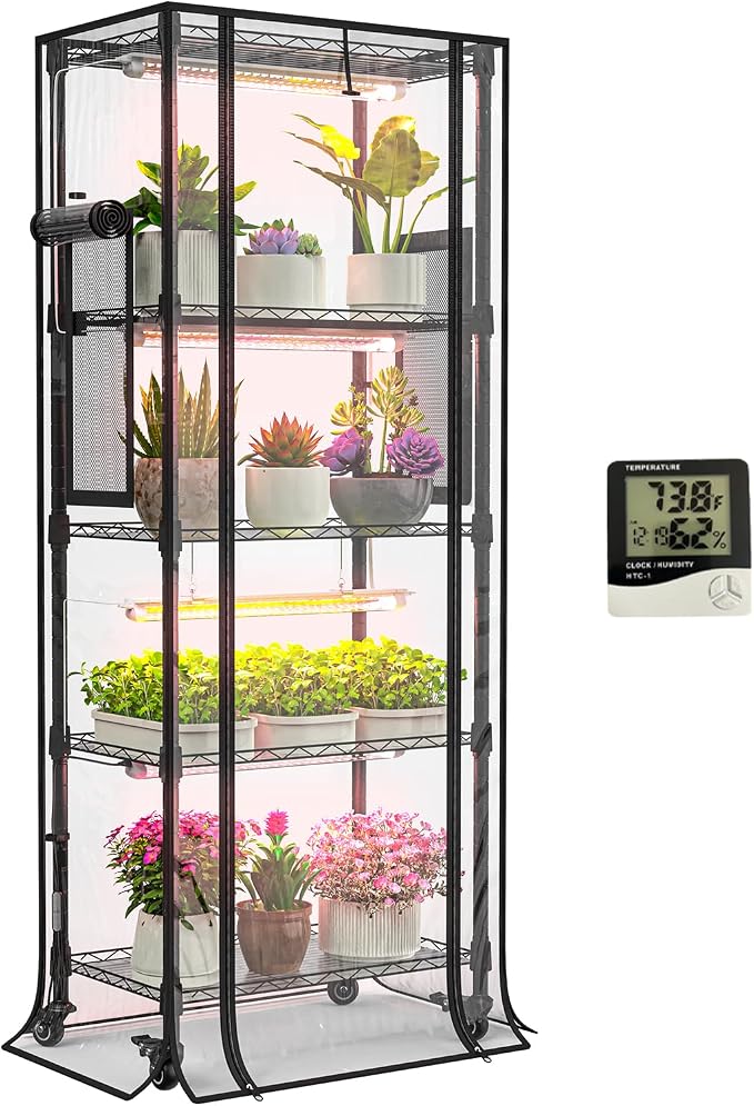Indoor Greenhouse with Grow Lights, 5 Tier 23.2" L×13.4" W×61.4" H, with 72W Full Spectrum Growing Lamps for Seed Starting，Grow Light Shelf with Tent and Thermometer