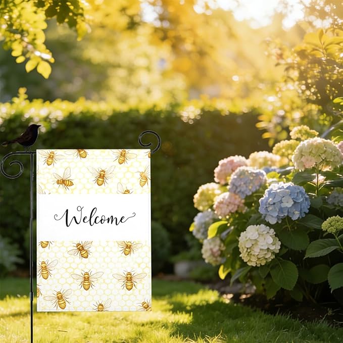 Mugod Welcome Flying Bee Garden Flag 12.5x18 Inch Double Sided, Honeycomb & Bees Yard Flag for Outdoor House Porch Patio Lawn Decor