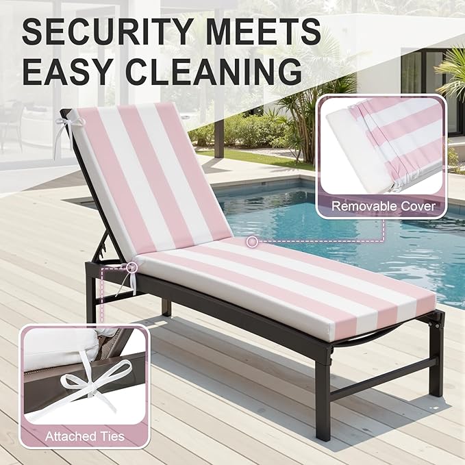 Crestlive Products Outdoor Chaise Lounge Cushions Set of 2, 3 Years Fade Resistant Water Resistant Lounge Chair Cushion, 72''L x 21''W, Pink White Stripe