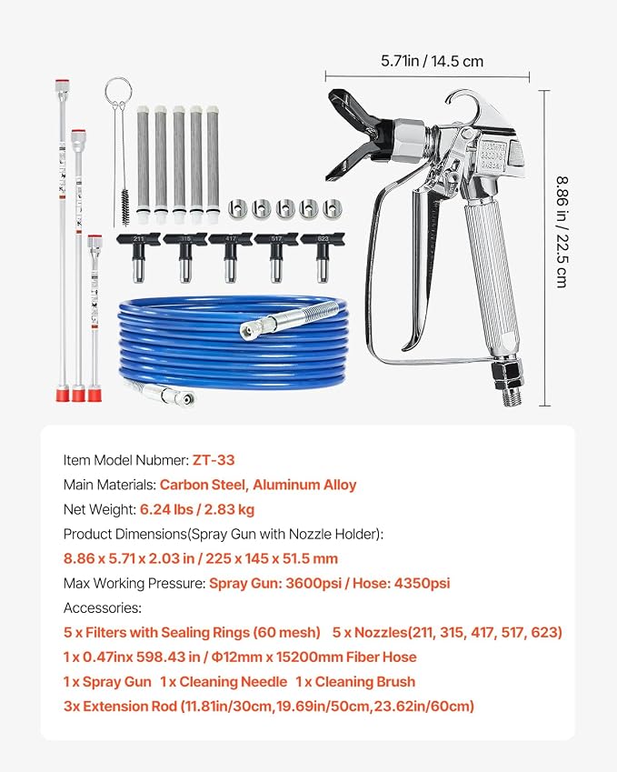 VEVOR Airless Paint Spray Gun and Hose Kit, 3600PSI High Pressure Paint Sprayer Hose Set with 5 Tips, 211, 315, 417, 517, 623, Swivel Joint Airless Spray Gun Kit with Filters, Hose and Extension Rods
