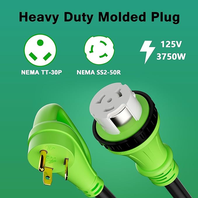 RV Adapter Plug 30 Amp to 50 Amp Cord with Locking Connector, NEMA TT-30P Male to SS2-50R Female, STW, 10AWG, Heavy Duty Electrical Power Cord, 125 Volts 3750 Watts, 1FT, Green
