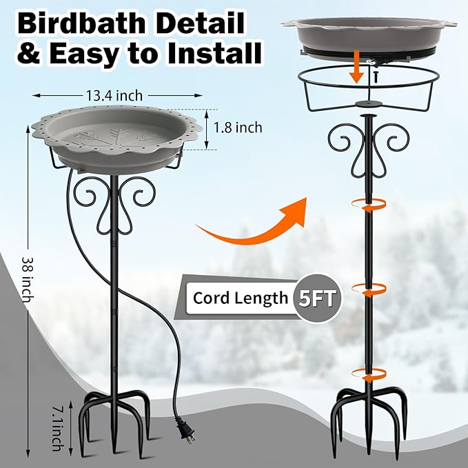 Heated Bird Bath for Outside Winter, Powerful 100W Thermostat Control Heated Bird Baths for Outdoors with 5-Prong Metal Stake, Heated Birdbath Water Heater for Garden Yard Patio Lawn (Grey)