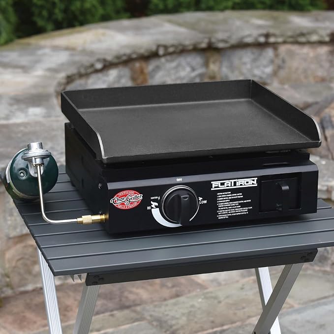 Char-Griller® Flat Iron 1-Burner Portable Propane Gas Flat-Top Griddle with Steel Griddle Top, Includes Electronic Ignition, 265 Cooking Square Inches in Black, Model E8217