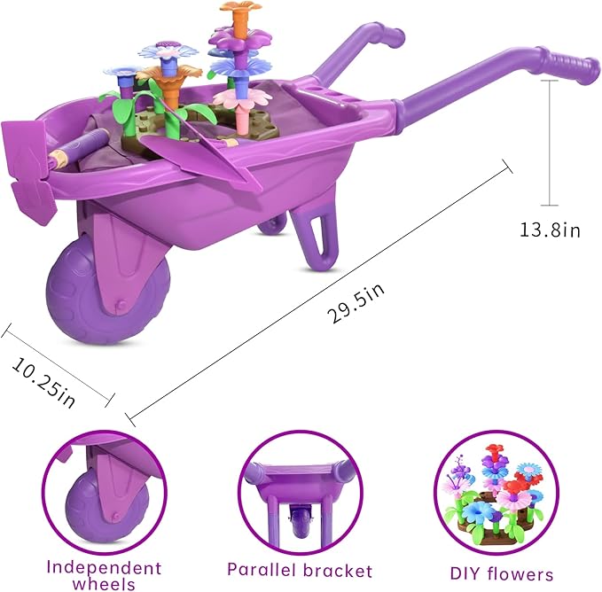 Qtioucp 16Pcs Kids Gardening Tools Outdoor Toys Set Backyard Play with 93 PCS DIY Flower Garden Building Preschool Activities (Purple)