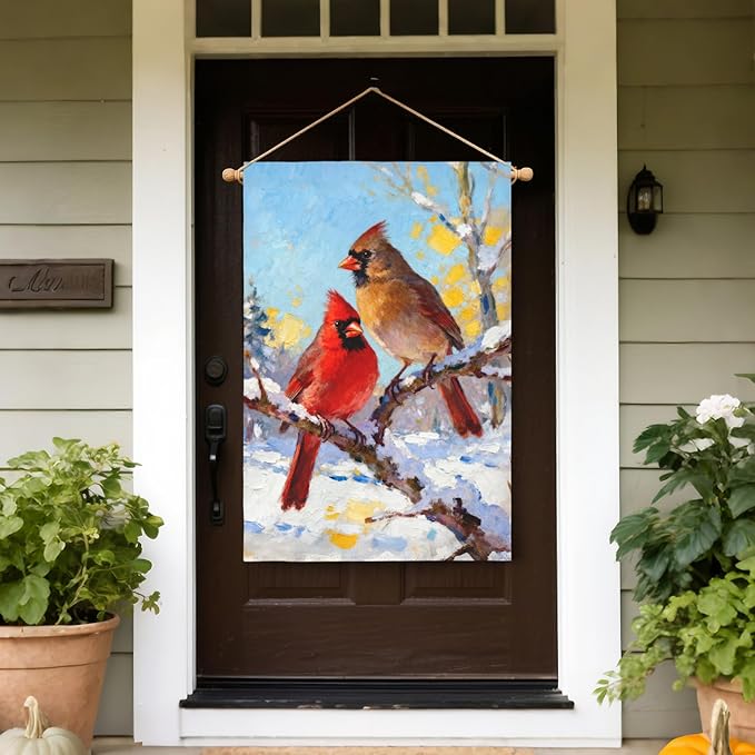 Winter Cardinal House Flag 28x40 Inch Snow Scene Bird Twigs Christmas Holiday Decorative Garden Flags for Outside Double Sided Seasonal Outdoor Home Farmhouse Decoration Yard Porch January Decor