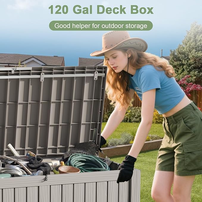 120 Gallon Outdoor Storage Box, Waterproof Resin Deck Box for Indoor & Outdoor Use Lockable Storage Bench with Piston Hinge Storage Bin for Indoor, Garden Tools, Pool Supplies, Patio, Grey