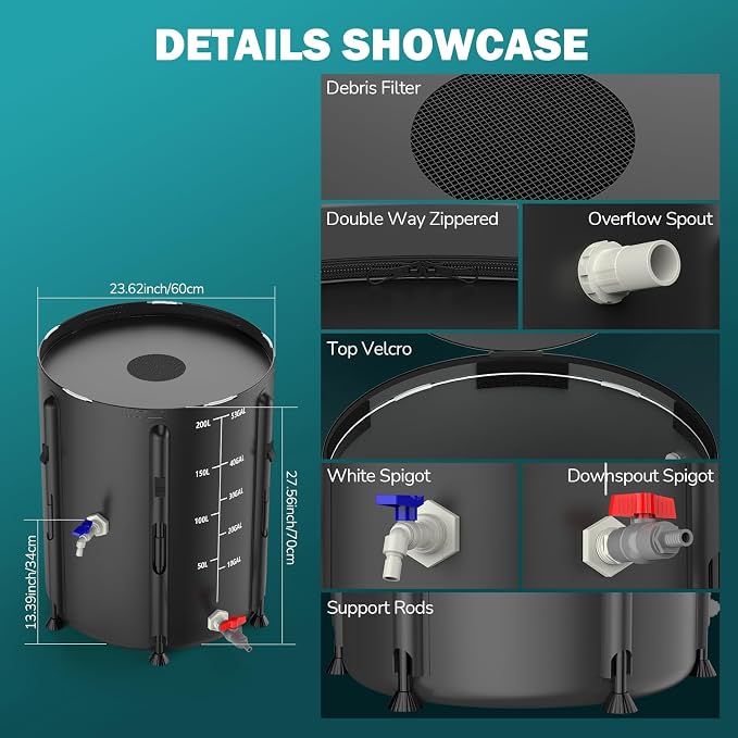 SKM Collapsible Rain Barrel, 53 Gallon Portable Rain Water Collection System to Collect Rainwater from Gutter, Foldable Water Storage Tank with Spigot for Garden, Lawn & Outdoor Plant Watering, Black