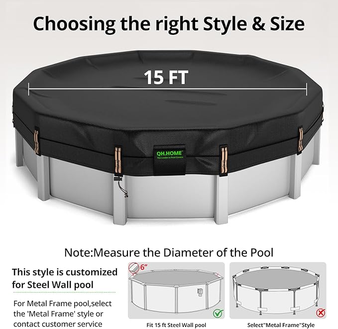 QH.HOME 550D Pool Cover 15 Ft Round[Upgraded Tear-Proof & Threefold Windproof] wth Pre-Installed Winch and Rope-Durable 4 Foot Overlap & Extra-Thick for Steel WALL Pool Cover for Above Ground Pool