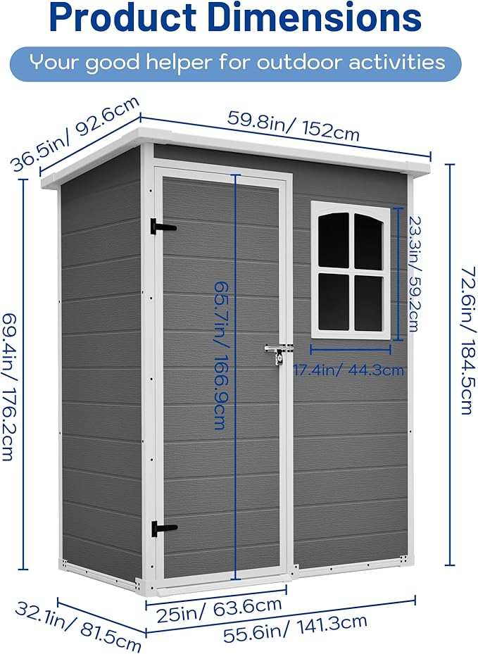 YOPTO 5x3ft Resin Outdoor Storage Shed Weather Resistant with Floor,Outdoor Resin Storage Shed W/Window,Garden Tool House W/Lockable Door,Pitched Roof & Drainage Holes,for Backyard,Patio,Lawn,Gray
