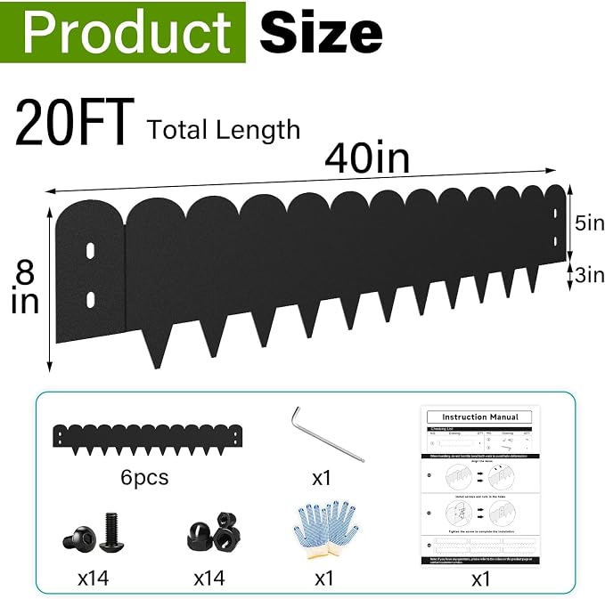 Steel Landscape Edging 20FT Kit – Metal Garden Edging with Scalloped Design, 8 Inch Galvanized Lawn Edging for Flower Bed Borders & Garden Border Edging