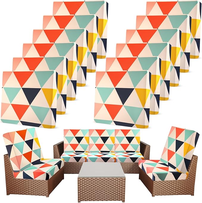 Newwiee 12 Pcs Patio Cushion Covers Outdoor Stretch Sofa Couch Cover Replacement Couch Slipcover Sofa Seat Chair Porch Patio Furniture Protector, Flexibility Washable(Multicolor,Geometric)