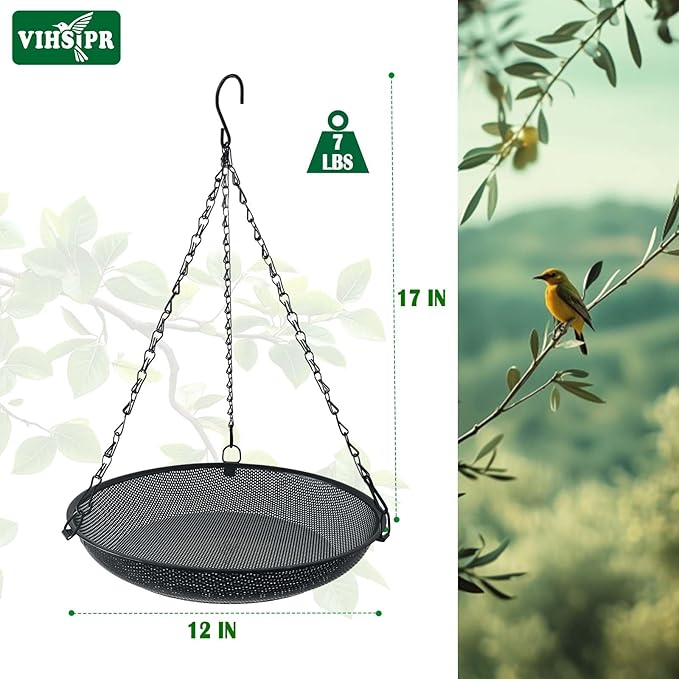 Hanging Bird Feeder for Outdoors – 12 in Platform Bird Feeder, Metal Mesh Seed Tray for Wild Birds, Black