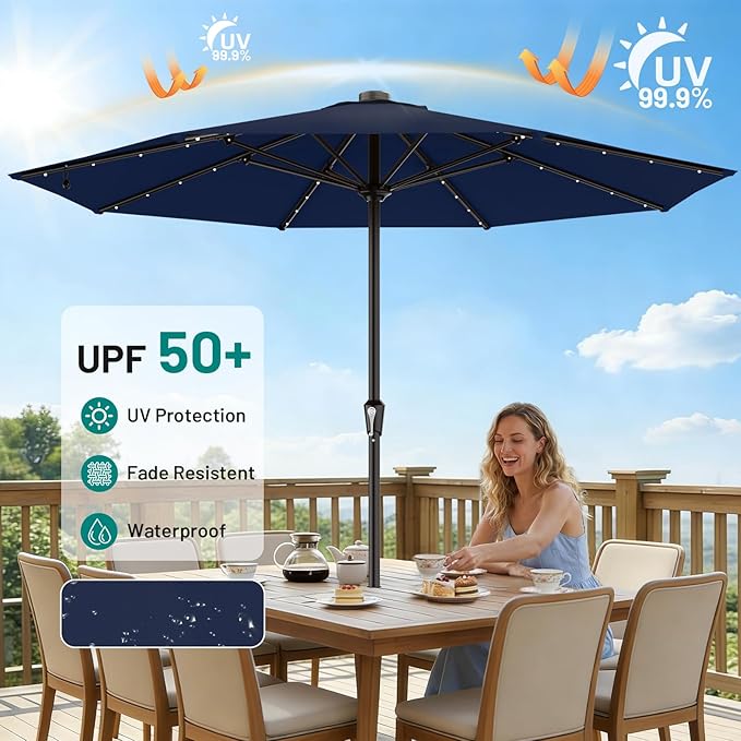 AreShark 11FT Large Patio Umbrella with Solar Lights, Lighted Solar Umbrella with Crank, Outdoor Table Market Umbrellas for Garden, Deck, Backyard, Pool and Beach, Navy