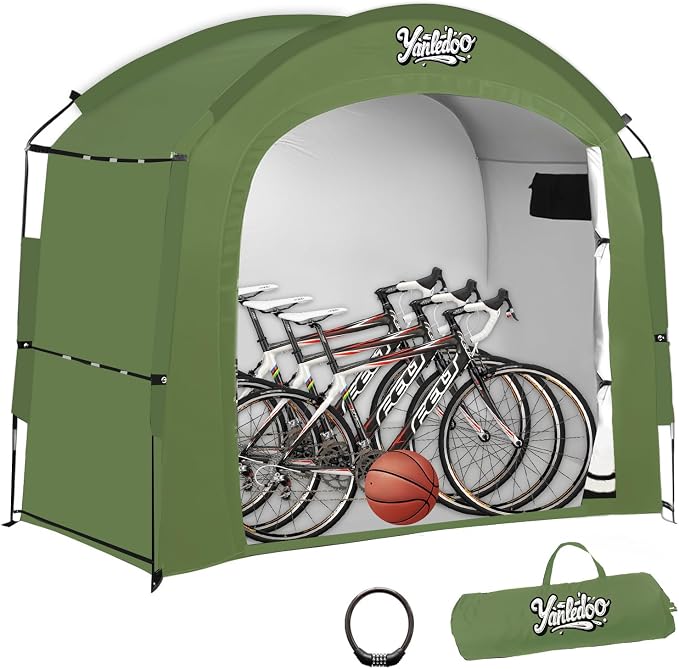 Bike Storage Shed Tent, Waterproof Outdoor Storage Shelter with 30% More Top Space, Portable Bicycle Cover for 2/3/4/5 Bikes, Motorcycles, Garden Tools, Lawn Mowers, Easy Setup(Green)