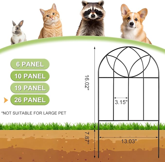 Small Garden Fence Animal Barrier, Decorative Garden Fence 24in(H) x 28ft(L), 26 PCS Rustproof Metal Fences Panel, Arch Black No Dig Fences, Rabbit and Dog Border Fencing for Flower Bed, Patio